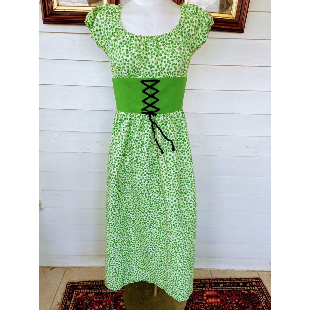 Vintage 1970s Green Floral Maxi Dress Cotton Pique' Cinched Waist